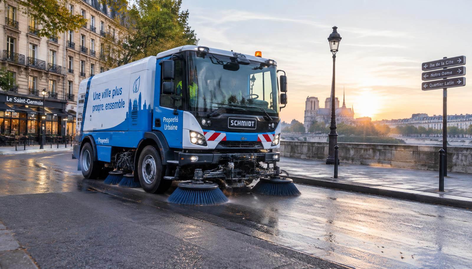 Balayeuse de voirie en intervention en milieu urbain